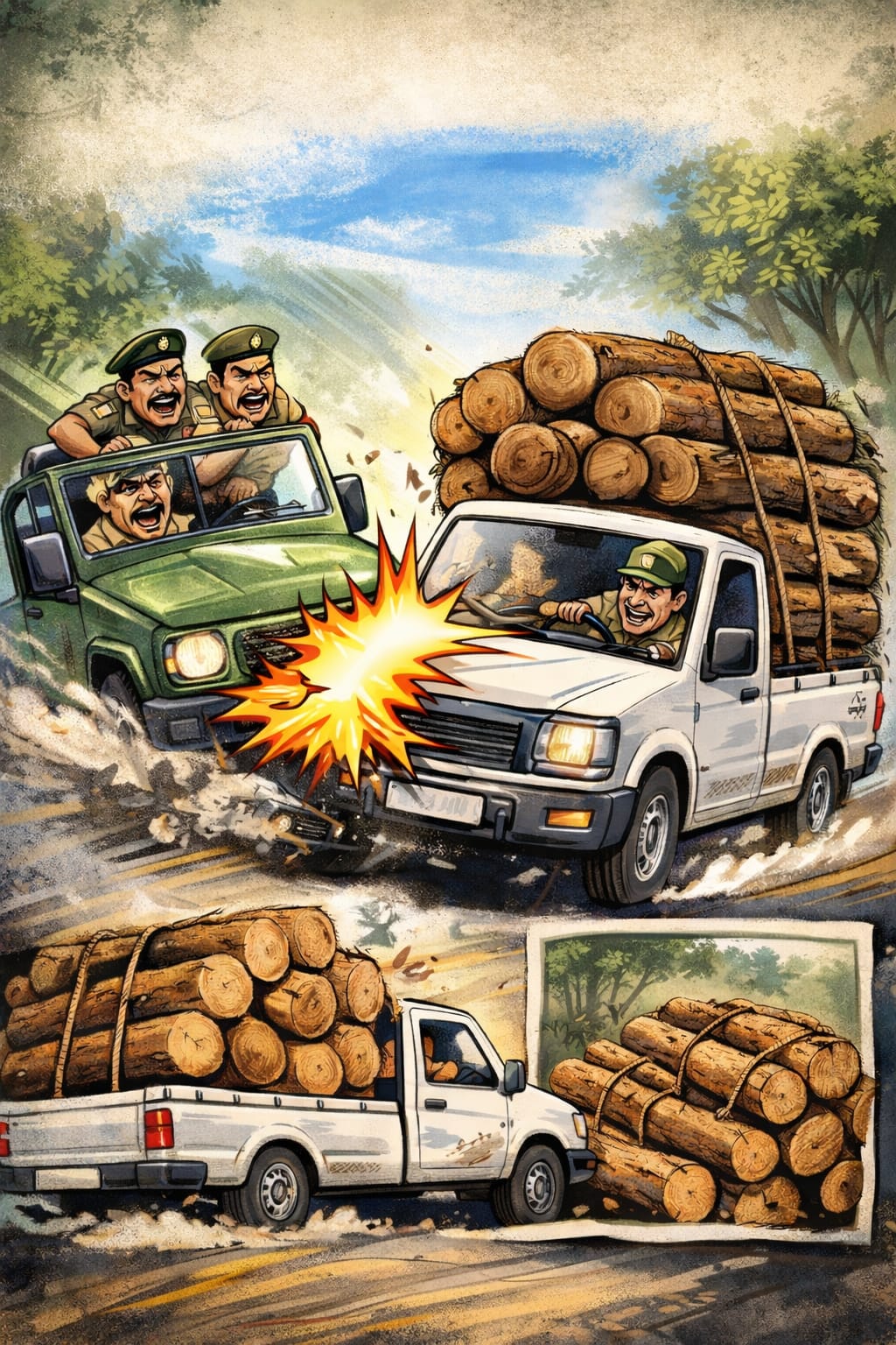 तस्करों ने ठोकी सरकारी गाड़ी: मगर खैर की लकड़ी ले जाने में हुए विफल, गाड़ी काबू