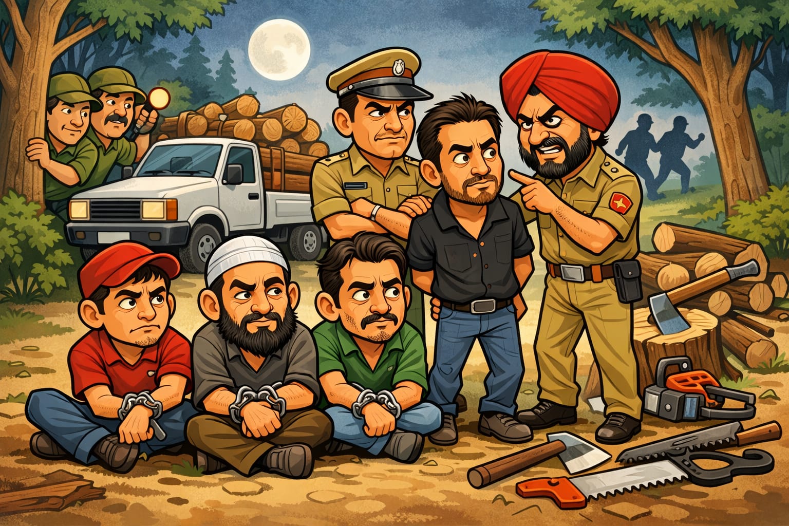 एच.एम.टी. पिंजौर वन क्षेत्र में लकड़ी तस्करी का भंडाफोड़, यमुनानगर के 5 आरोपी गिरफ्तार, वारदात में प्रयोग पिकअप बरामद