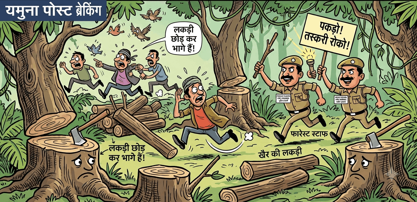 रात के अंधेरे में फारेस्ट स्टाफ को देखकर काटे गए पेड़ों की लकड़ी छोड़ भागे खैर तस्कर
