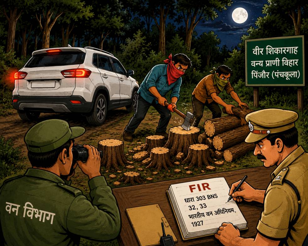 फायर लाइन पर खड़ी ब्रेजा कार, पूछताछ में चालक कार लेकर हुआ फरार, वन्य प्राणी विहार के अंदर मिले तीन खैर के कटे पेड़