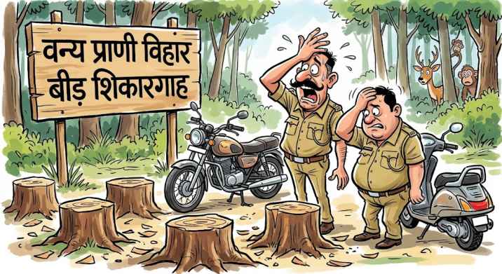 बीड़ शिकारगाह में फिर से कटे छह पेड़: खैर से लदा कैंटर लेकर भागे तस्कर, बाइक व स्कूटी जब्त