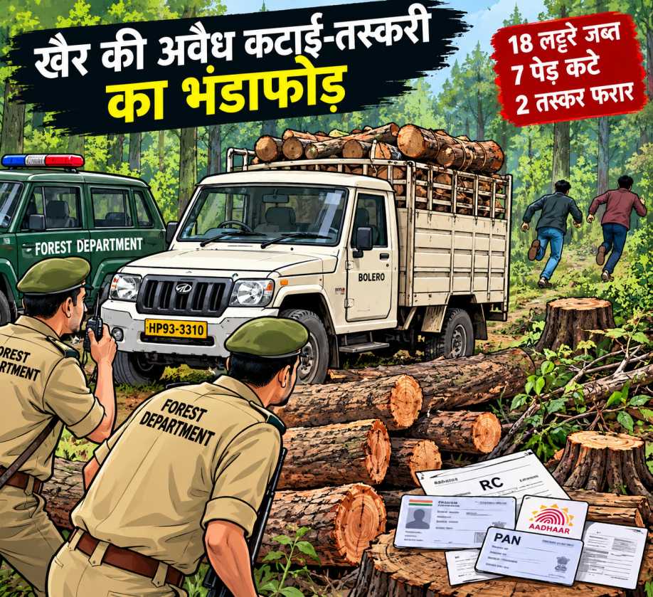 कालका रेंज के सूरजपुर जंगल से कटे खैर के 7 पेड़,  लकड़ी से लदी हिमाचल की गाड़ी जब्त, आरोपी फरार