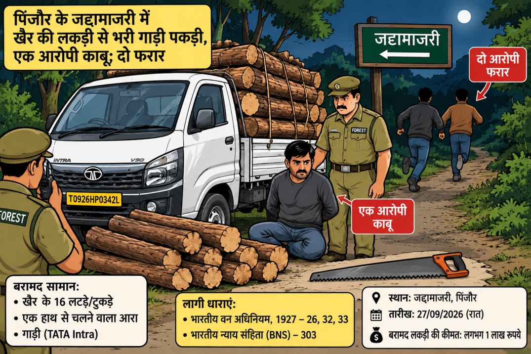 कालका रेंज के जंगलों से फिर हुआ खैर का अवैध कटान: गाड़ी व लकड़ी सहित एक आरोपी पकड़ा गया ,दो फरार
