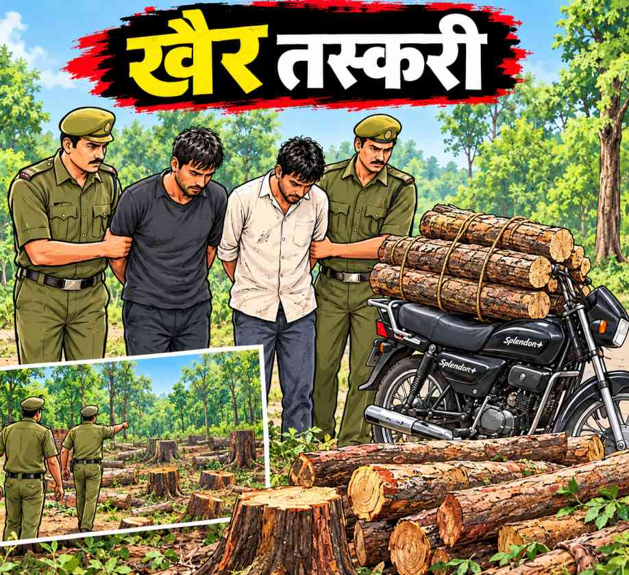 कलेसर रेंज में देवधर जंगल से कटे खैर के तीन पेड़, दो आरोपी गिरफ्तार, दो फरार, लकड़ी व बाइक काबू